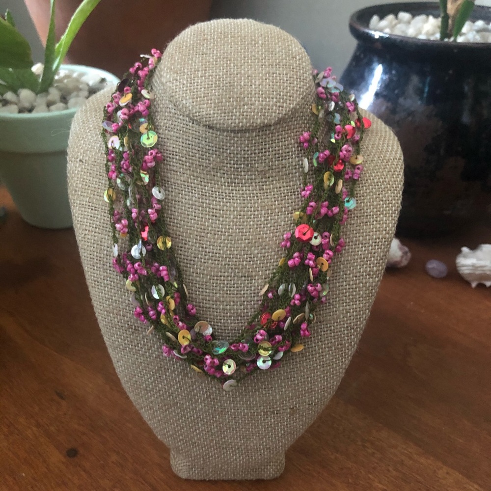 Adjustable Green Thread and Bead Necklace